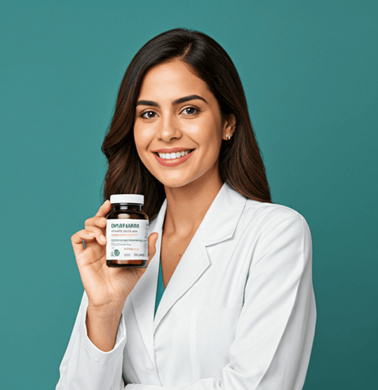 Profesional de la salud sosteniendo un suplemento PureHealth
